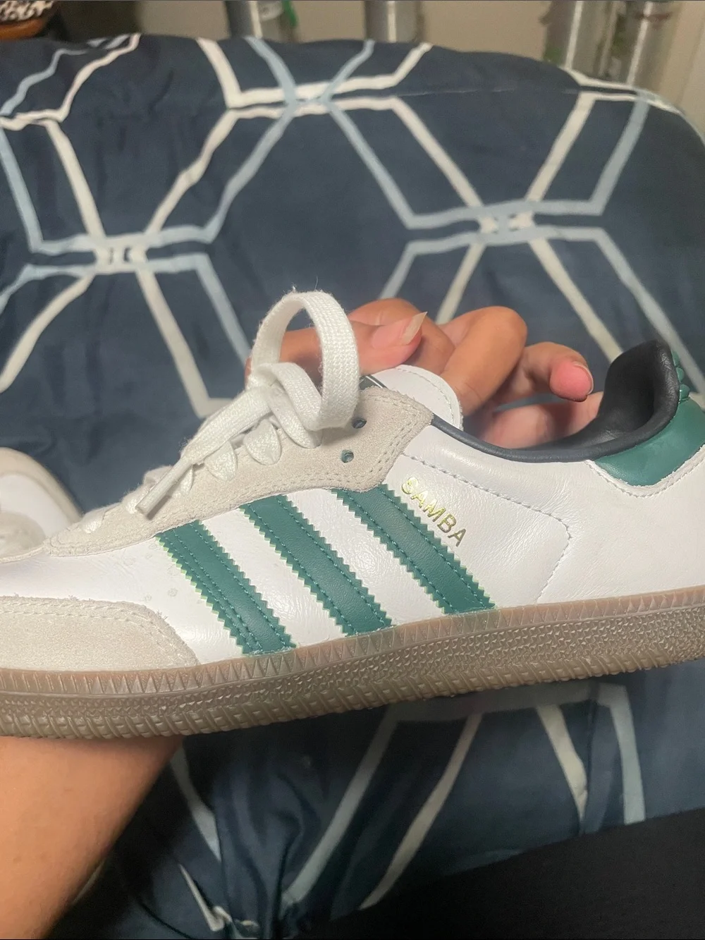 adidas Men’s White Sneakers with Green Stripes and Gum Sole